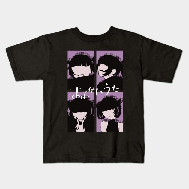 Call of the Night Anime Characters Nazuna Nanakusa Faceless in Cool 4 Panels Pop Art Style with Yofukashi no Uta Kanji or Japan Text Kids T-Shirt by Animangapoi